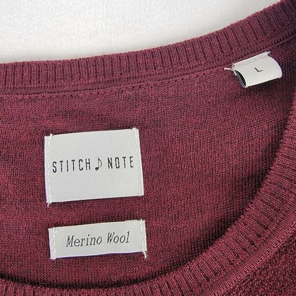 Stitch Note Mens Merino Wool Sweater‎ L Crew Neck Pull Over Long Sleeve L Maroon - Picture 3 of 7